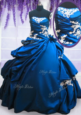 Sleeveless Floor Length Appliques and Pick Ups Lace Up Ball Gown Prom Dress with Royal Blue