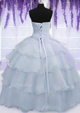 Sleeveless Lace Up Floor Length Ruffled Layers and Ruching and Hand Made Flower Quince Ball Gowns