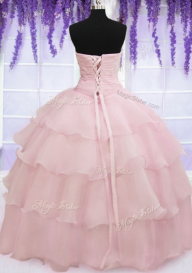 Sophisticated Sweetheart Sleeveless 15 Quinceanera Dress Floor Length Ruffled Layers Baby Pink Organza