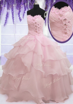 Sophisticated Sweetheart Sleeveless 15 Quinceanera Dress Floor Length Ruffled Layers Baby Pink Organza