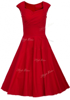 Square Cap Sleeves Knee Length Zipper Dress for Prom Red and In for Party with Ruching