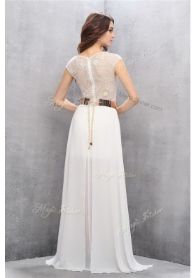 Square Sleeveless Tulle Prom Gown Lace and Belt Sweep Train Zipper