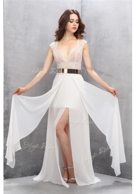 Square Sleeveless Tulle Prom Gown Lace and Belt Sweep Train Zipper
