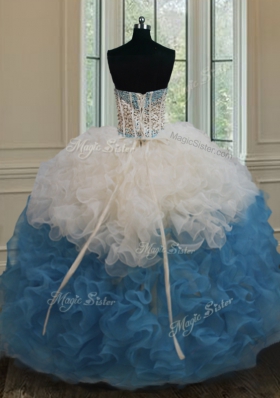 Strapless Sleeveless Quince Ball Gowns Floor Length Beading and Ruffles Blue And White Organza