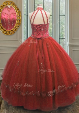 Stunning Halter Top Floor Length Ball Gowns Sleeveless Wine Red Quinceanera Dress Lace Up