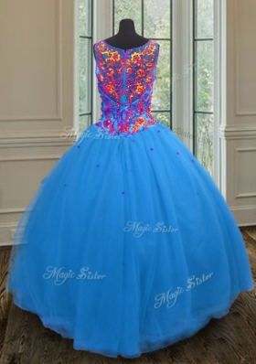 Super Straps Straps Sequins Blue Sleeveless Tulle Zipper Sweet 16 Quinceanera Dress for Military Ball and Sweet 16 and Quinceanera