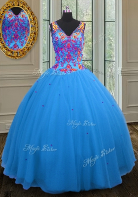 Super Straps Straps Sequins Blue Sleeveless Tulle Zipper Sweet 16 Quinceanera Dress for Military Ball and Sweet 16 and Quinceanera