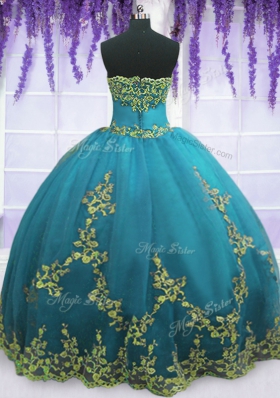 Teal Ball Gowns Appliques Ball Gown Prom Dress Zipper Tulle Sleeveless Floor Length