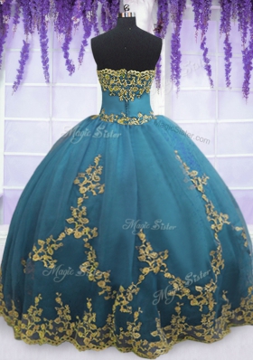 Tulle Strapless Sleeveless Zipper Lace and Appliques Sweet 16 Dress in Teal