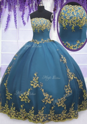 Tulle Strapless Sleeveless Zipper Lace and Appliques Sweet 16 Dress in Teal