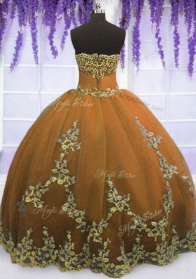 Wonderful Strapless Sleeveless Zipper Sweet 16 Dresses Brown Tulle