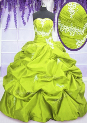 Yellow Green Ball Gowns Taffeta Strapless Sleeveless Appliques and Pick Ups Floor Length Lace Up Ball Gown Prom Dress