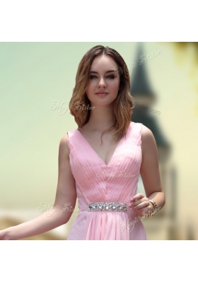 Adorable Sleeveless Floor Length Beading Zipper Prom Evening Gown with Pink