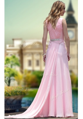 Adorable Sleeveless Floor Length Beading Zipper Prom Evening Gown with Pink