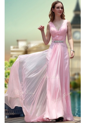 Adorable Sleeveless Floor Length Beading Zipper Prom Evening Gown with Pink