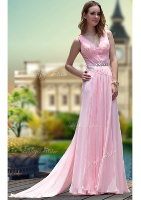 Adorable Sleeveless Floor Length Beading Zipper Prom Evening Gown with Pink