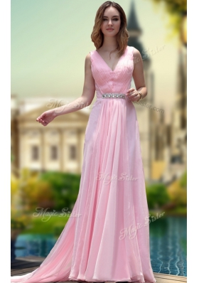 Adorable Sleeveless Floor Length Beading Zipper Prom Evening Gown with Pink