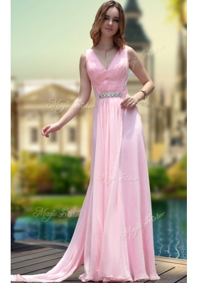 Adorable Sleeveless Floor Length Beading Zipper Prom Evening Gown with Pink