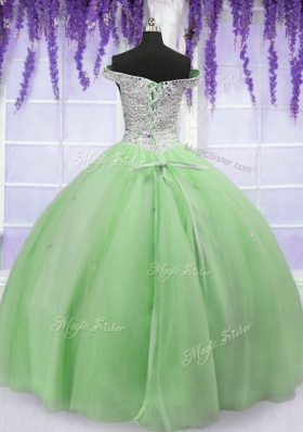 Beauteous Apple Green Ball Gowns Off The Shoulder Short Sleeves Tulle Floor Length Lace Up Beading Quinceanera Gown