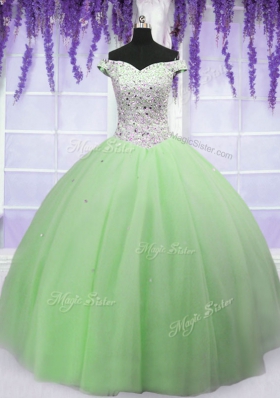 Beauteous Apple Green Ball Gowns Off The Shoulder Short Sleeves Tulle Floor Length Lace Up Beading Quinceanera Gown