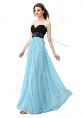 Blue And Black Chiffon and Sequined Lace Up Sleeveless Floor Length Beading