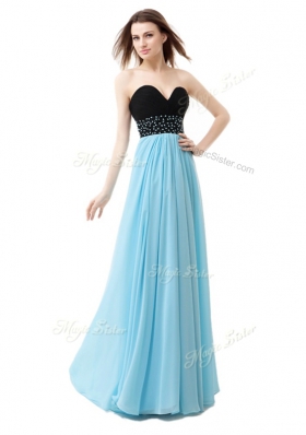 Blue And Black Chiffon and Sequined Lace Up Sleeveless Floor Length Beading