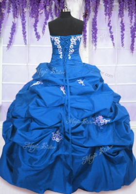 Blue Ball Gowns Taffeta Strapless Sleeveless Appliques and Pick Ups Floor Length Lace Up Quinceanera Dresses