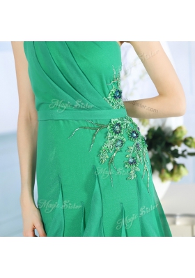 Captivating One Shoulder Green Sleeveless Appliques Floor Length Prom Party Dress