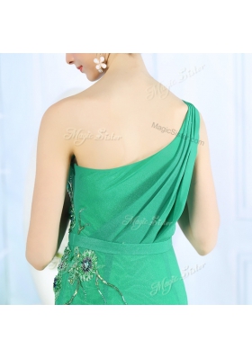 Captivating One Shoulder Green Sleeveless Appliques Floor Length Prom Party Dress