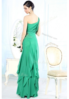 Captivating One Shoulder Green Sleeveless Appliques Floor Length Prom Party Dress