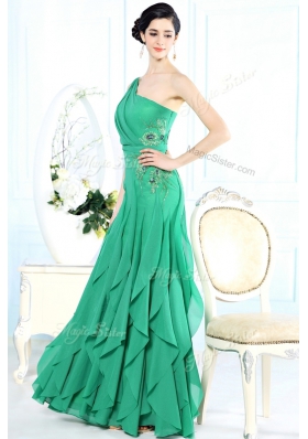 Captivating One Shoulder Green Sleeveless Appliques Floor Length Prom Party Dress