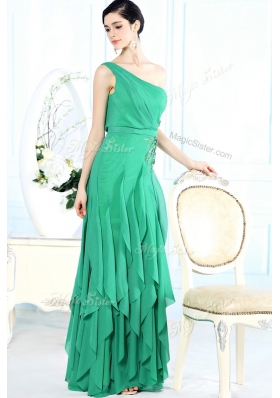 Captivating One Shoulder Green Sleeveless Appliques Floor Length Prom Party Dress