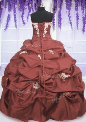 Custom Design Rust Red Strapless Neckline Appliques and Pick Ups Quinceanera Dress Sleeveless Lace Up