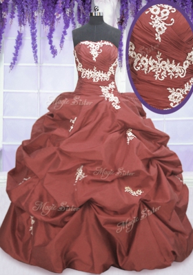 Custom Design Rust Red Strapless Neckline Appliques and Pick Ups Quinceanera Dress Sleeveless Lace Up