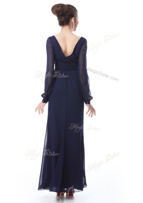 Customized Navy Blue V-neck Side Zipper Ruching Long Sleeves