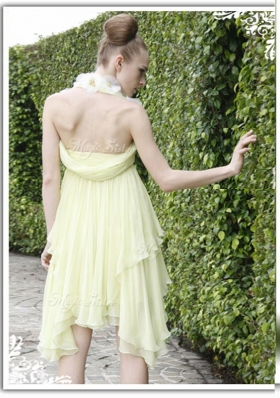 Designer Light Yellow Sleeveless Beading and Appliques Knee Length Prom Gown