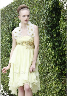 Designer Light Yellow Sleeveless Beading and Appliques Knee Length Prom Gown