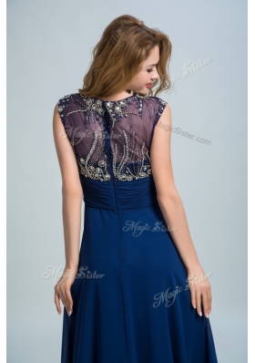 Elegant Floor Length Navy Blue Evening Wear Scoop Sleeveless Zipper