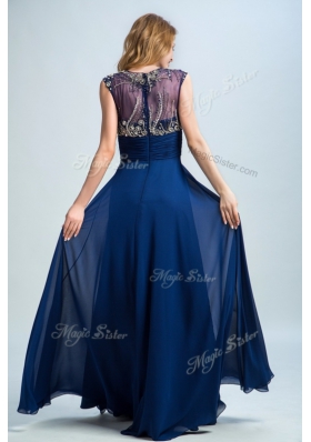 Elegant Floor Length Navy Blue Evening Wear Scoop Sleeveless Zipper
