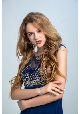 Elegant Floor Length Navy Blue Evening Wear Scoop Sleeveless Zipper