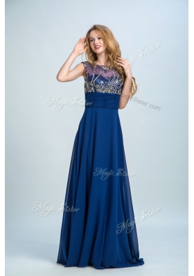 Elegant Floor Length Navy Blue Evening Wear Scoop Sleeveless Zipper