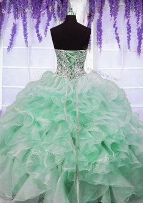 Eye-catching Apple Green Ball Gowns Organza Sweetheart Sleeveless Beading and Ruffles Floor Length Lace Up 15 Quinceanera Dress