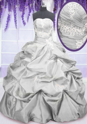 Eye-catching Silver Strapless Neckline Embroidery and Pick Ups Quinceanera Dresses Sleeveless Lace Up