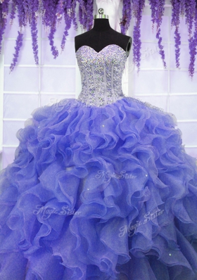 Fabulous Purple Sleeveless Ruffles and Sequins Floor Length Quinceanera Dress