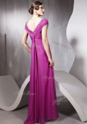 Fantastic Cap Sleeves Tulle Floor Length Zipper Prom Gown in Rose Pink for with Beading and Ruching