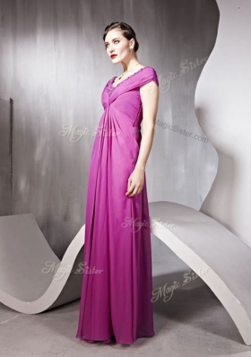 Fantastic Cap Sleeves Tulle Floor Length Zipper Prom Gown in Rose Pink for with Beading and Ruching