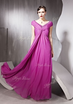 Fantastic Cap Sleeves Tulle Floor Length Zipper Prom Gown in Rose Pink for with Beading and Ruching