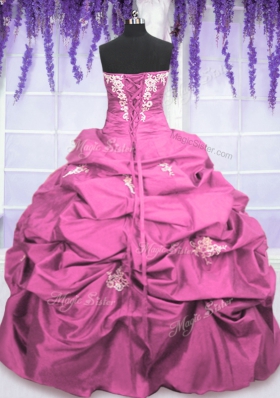 Floor Length Lace Up 15th Birthday Dress Rose Pink and In for Military Ball and Sweet 16 and Quinceanera with Appliques and Pick Ups
