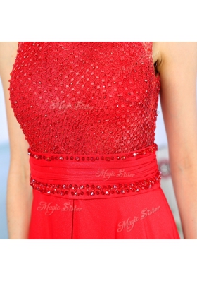 Free and Easy Scoop Red Chiffon Zipper Prom Dresses Sleeveless Floor Length Beading