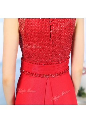 Free and Easy Scoop Red Chiffon Zipper Prom Dresses Sleeveless Floor Length Beading